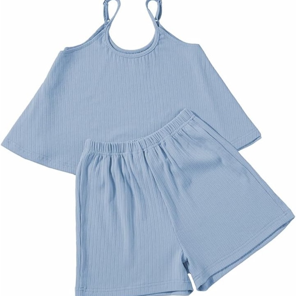 Girls Adjustable Strap Top 2 Piece Ribbed Shorts Sets Size 4Y-5Y